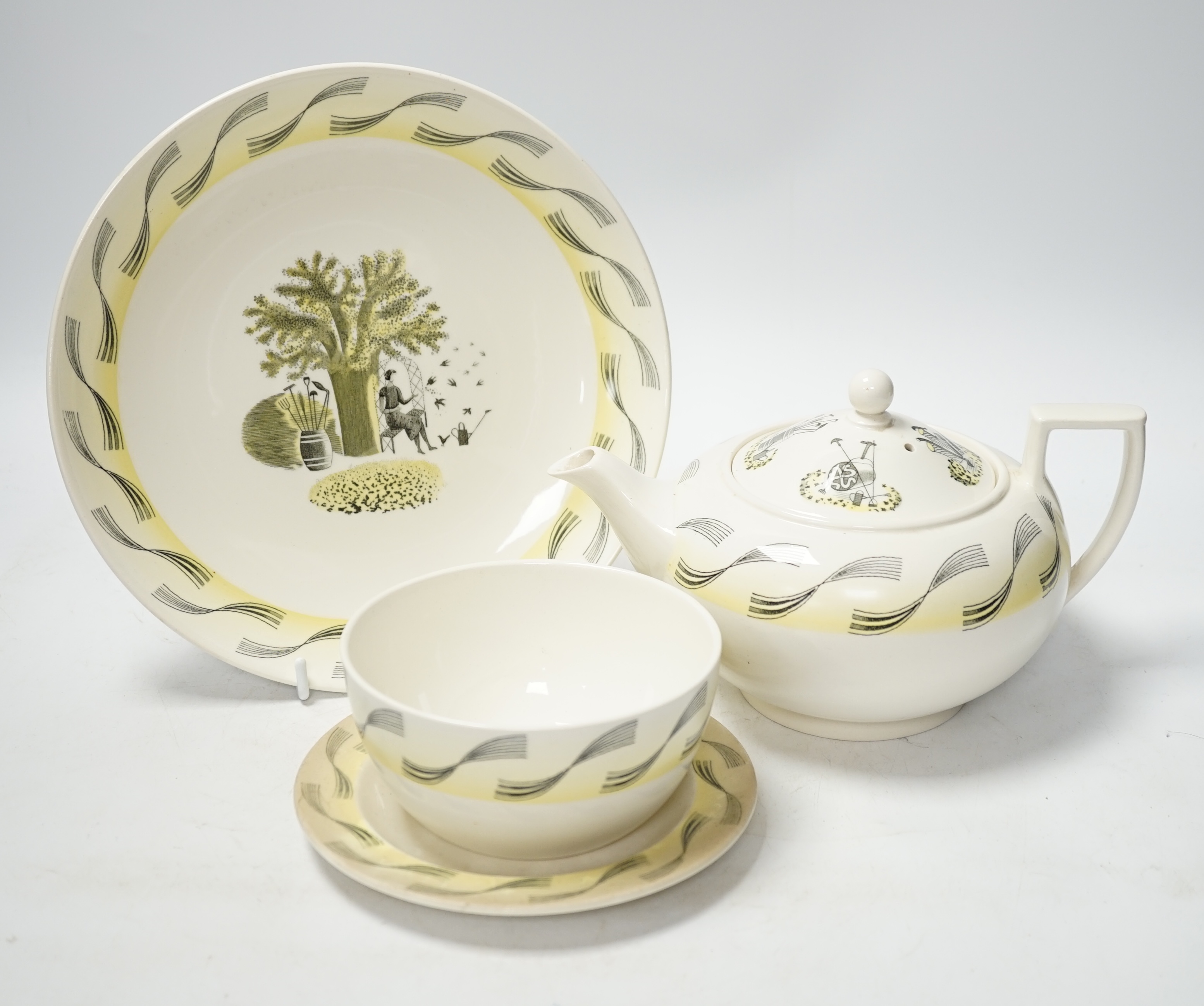 Eric Ravilious for Wedgwood, a Garden pattern teaset together with two Enoch Wedgewood cups and a dish. Condition - fair to good